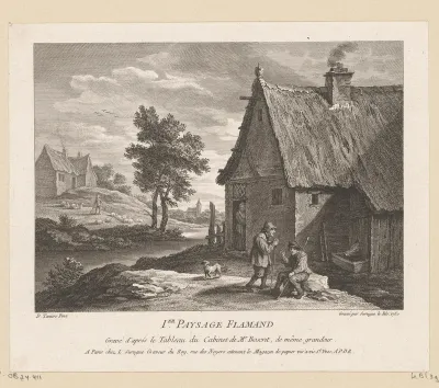 Vlaams landschap met twee mannen en een hond voor een boerderij