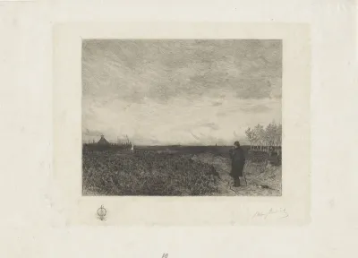 Vlak landschap met een man met wandelstok