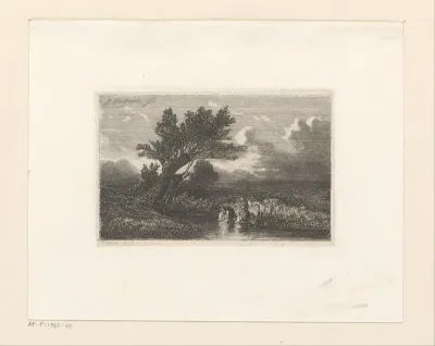 Vlak landschap met figuren bij een wilg aan het water