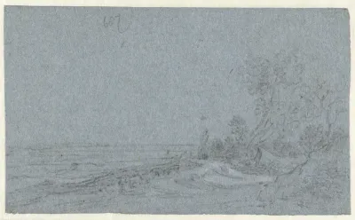 Vlak landschap met rechts een boomgroep