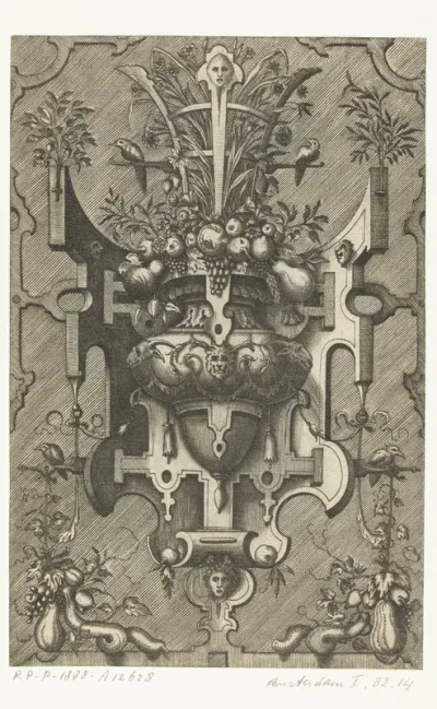 Vlakdecoratie, vaas met vruchten en bloemen in een omlijsting van rolwerk