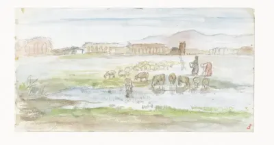 Vlakte met schapen, op de achtergrond ruïnes van een aquaduct