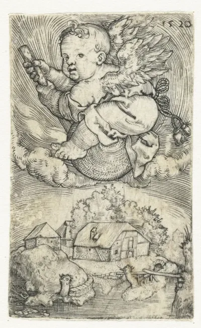 Vliegende kleine engel op een bol boven landschap