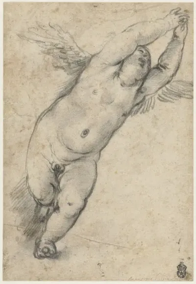 Vliegende putto met opgeheven armpjes