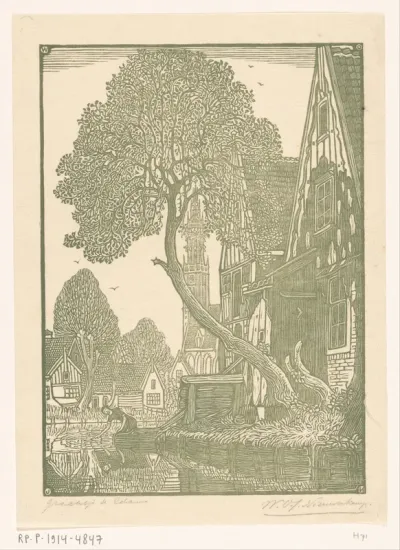 Vlierboom en huizen aan een gracht in Edam