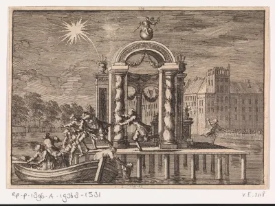 Vluchtende pyrotechnici bij een grote versiering op de Vijverberg te Den Haag ter ere van de geboorte van de zoon van koning Jacobus II, 1688