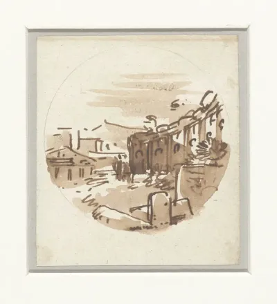 Vluchtige schets van klassieke gebouwen, een tempel en een portiek in een gebogen wand