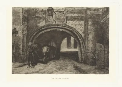 Voertuig met paard onder een oude poort