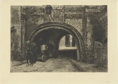 Voertuig met paard onder een oude poort