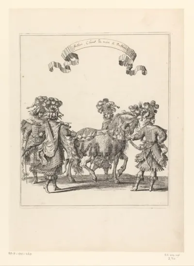 Voetknechten en palfrenier met paard in Perzisch kostuum
