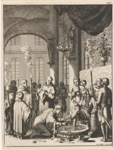 Voetwassing van de reizigers in een klooster te Jeruzalem