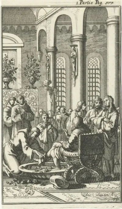 Voetwassing van reizigers in een klooster te Jeruzalem