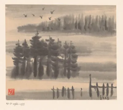 Vogels boven boslandschap