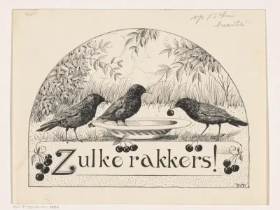 Vogels eten kersen van een schaal