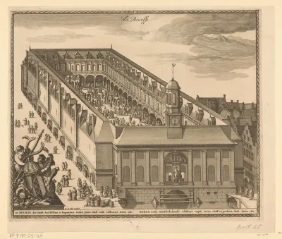 Vogelvluchtgezicht op de Beurs van Hendrik de Keyser te Amsterdam, na 1668