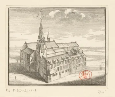 Vogelvluchtgezicht op het Oude Stadhuis en het voormalige Sint-Elisabethsgasthuis te Amsterdam, 1544