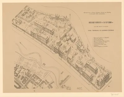 Vogelvluchtperspectief en plattegrond van het ziekenhuis te Groningen
