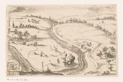 Vogelvluchtperspectief van land dat bewerkt wordt, mogelijk Saint-Amand bij Parijs