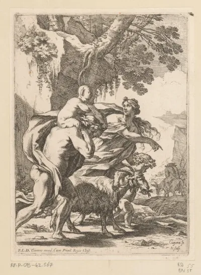 Volgelingen van Silenus met op de achtergrond Silenus op zijn ezel