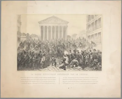 Volksmenigte houdt ordetroepen tegen bij de Madeleine-kerk, 22 februari 1848