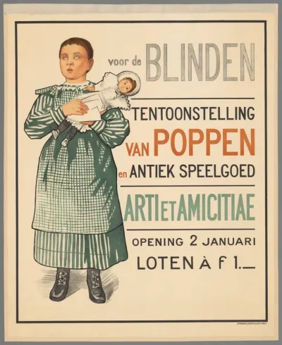 Voor de blinden. Tentoonstelling van poppen en antiek speelgoed. Arti et Amicitiae