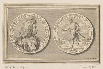 Voor- en achterzijde van een penning met het portret van Frederik I van Pruisen en Hercules met de gouden appel van de Hesperiden