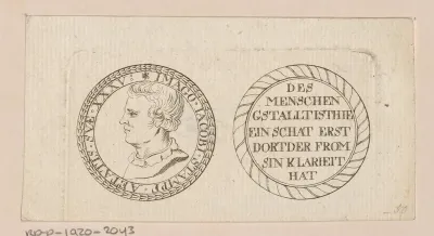 Voor- en achterzijde van een penning met het portret van Jakob Stampfer