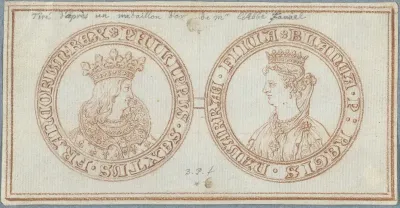 Voor- en achterzijde van een penning met portretten van Filips VI en Blanche van Navarra, koning en koningin van Frankrijk