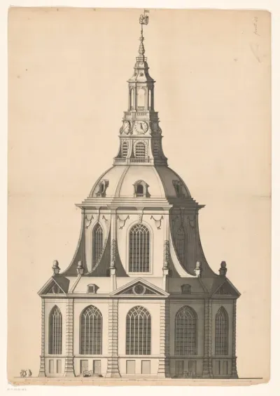 Voor- en zijaanzicht van een koepelkerk op de Botermarkt te Amsterdam