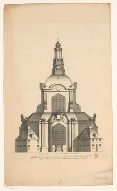 Vooraanzicht van een koepelkerk op de Botermarkt te Amsterdam