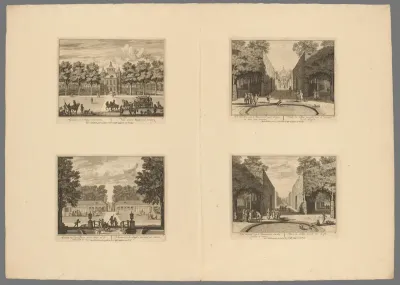 Vooraanzicht van Kasteel Heemstede / Plein en stallen bij Kasteel Heemstede / Gezicht vanuit het Starrenbos op Kasteel Heemstede / Gezicht vanuit het midden van het Starrenbos