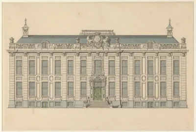 Voorgevel van een paleis, mogelijk Huis Huguetan aan het Lange Voorhout te 's-Gravenhage