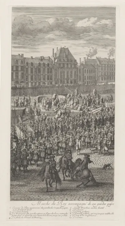 Voorkant van de stoet van Koning Lodewijk XIV van Frankrijk en zijn gevolg op de Pont-Neuf