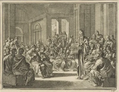 Voorlezing van een zendbrief voor een grote menigte Christenen