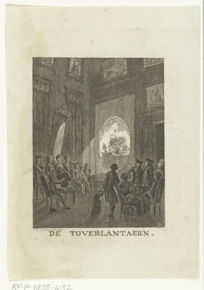 Voorstelling met toverlantaarn voor publiek op kermis