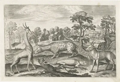 Voorstelling van een giraf, kameleon, civetkat en antilope