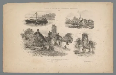 Voorstelling van een schip op het water en drie voorstellingen van bebouwing