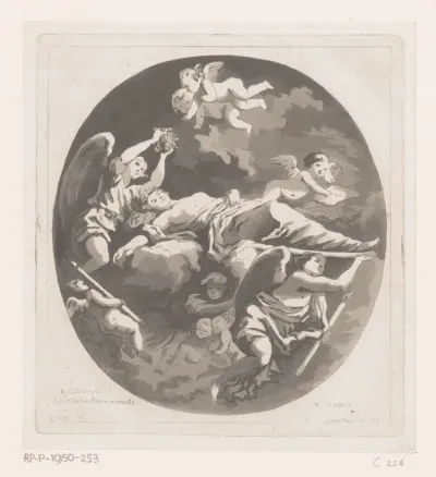 Voorstelling van engelen die een liggende vrouw door de wolken dragen