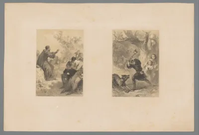 Voorstelling van groep die naar een geestelijke luistert en voorstelling van jongen die wolf of hond aanvalt met een bijl