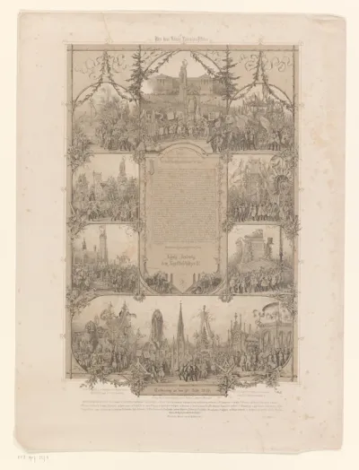 Voorstellingen met juichende mensen en monumenten