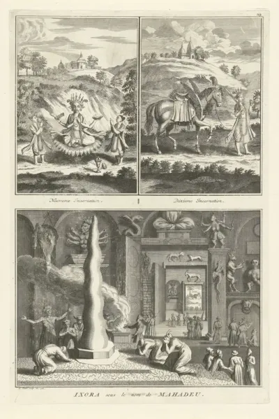 Voorstellingen van de incarnaties van de Indiase god Vishnu en verering van Ixora