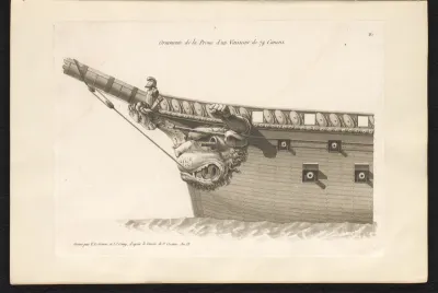 Voorsteven van een zeilschip met boegbeeld in de vorm van een leeuwenkop en uitgestoken vuisten