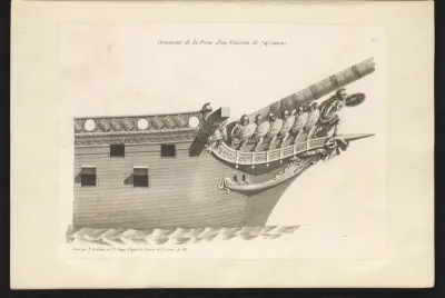 Voorsteven van een zeilschip met boegbeeld met soldaten