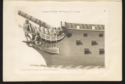 Voorsteven van een zeilschip met boegbeeld van Neptunus met drietand