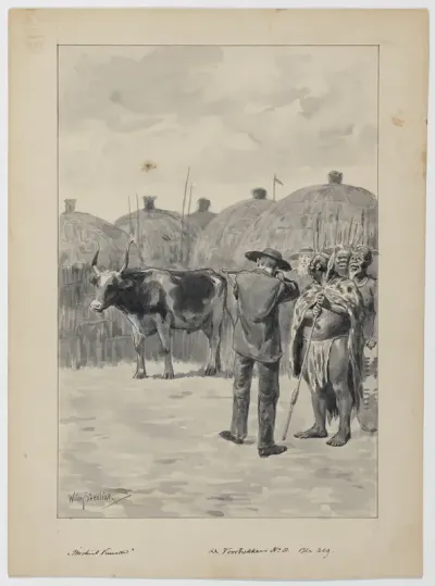 Voortrekker vurend op een stier