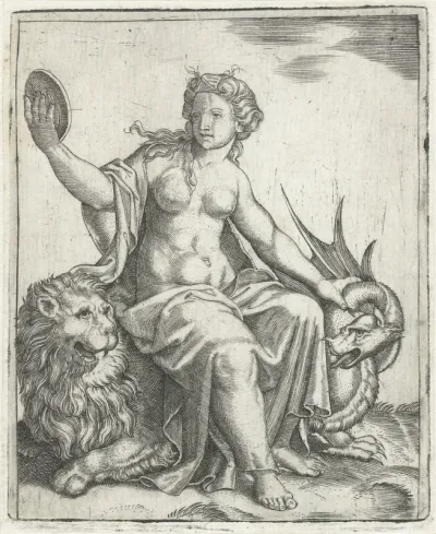 Voorzichtigheid (Prudentia) met spiegel zittend op leeuw houdt een draak in bedwang