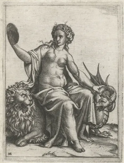 Voorzichtigheid (Prudentia) met spiegel zittend op leeuw houdt een draak in bedwang