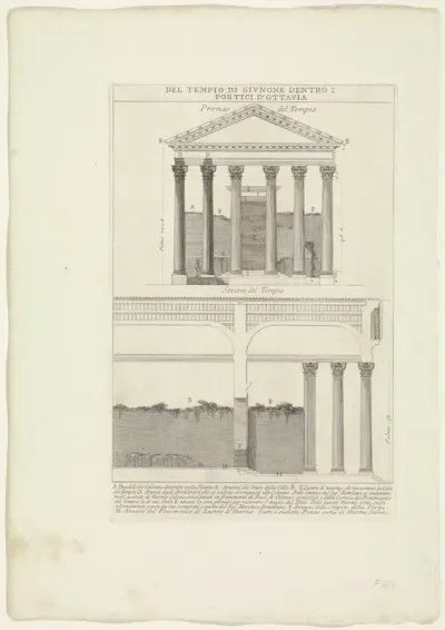 Voorzijde en doorsnede van de Tempel van Juno Regina te Rome