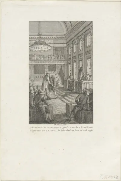 Voorzitter Midderigh van de Nationale Vergadering geeft de Franse afgezant De La Croix de broederkus, 1798