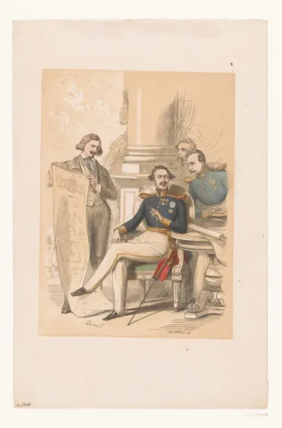 Vorst bekijkt met drie mannen het ontwerp voor een paleis